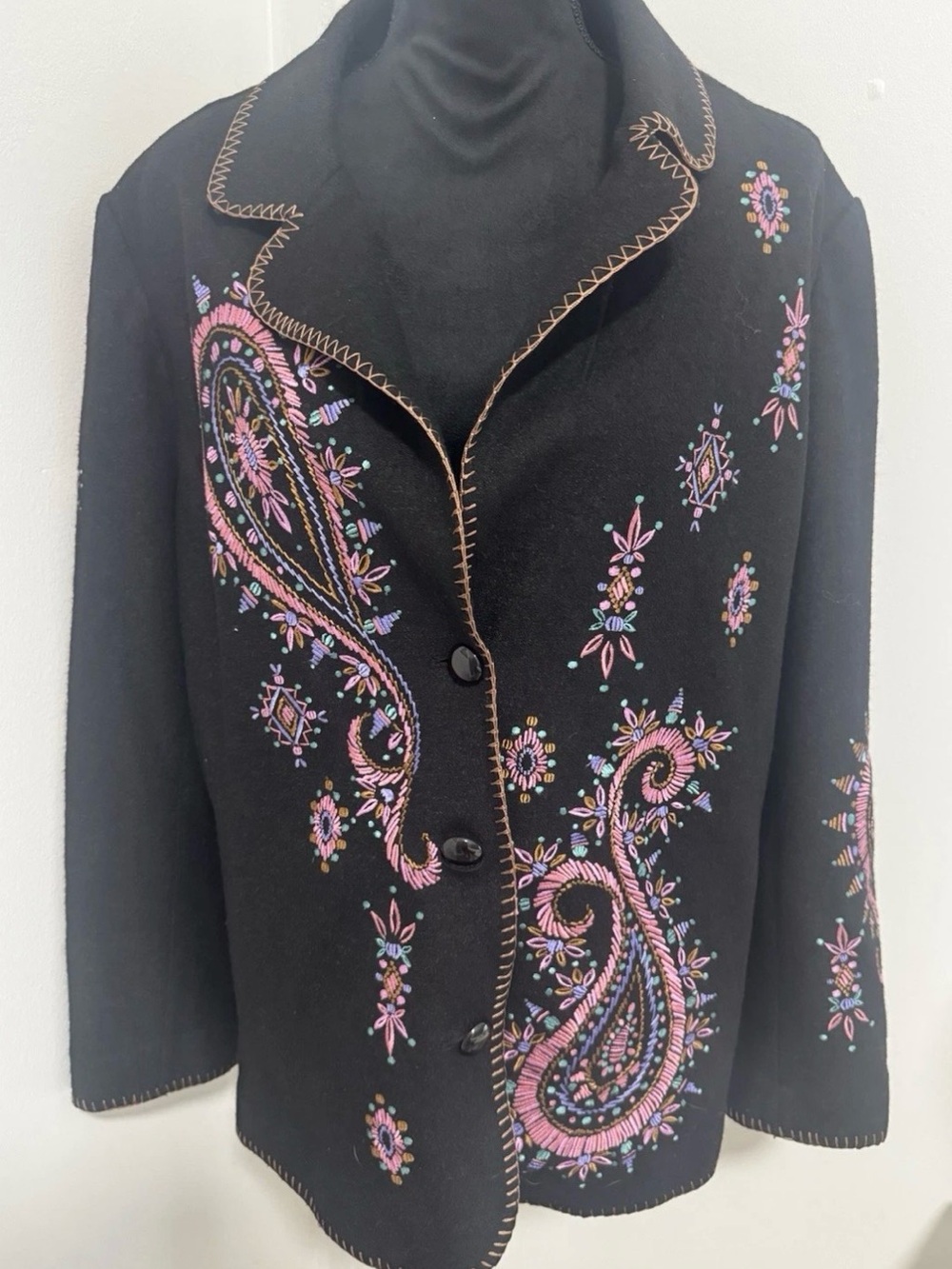 Bob Mackie Wearable Art Black Paisley Embroidered Jacket Wool Blend size 1X